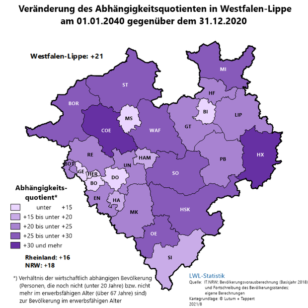 Karte der Abhängigkeitsquotienten in den Kreisen und kreisfreien Städten in Westfalen-Lippe Karte der Abhängigkeitsquotienten in den Kreisen und kreisfreien Städten in Westfalen-Lippe