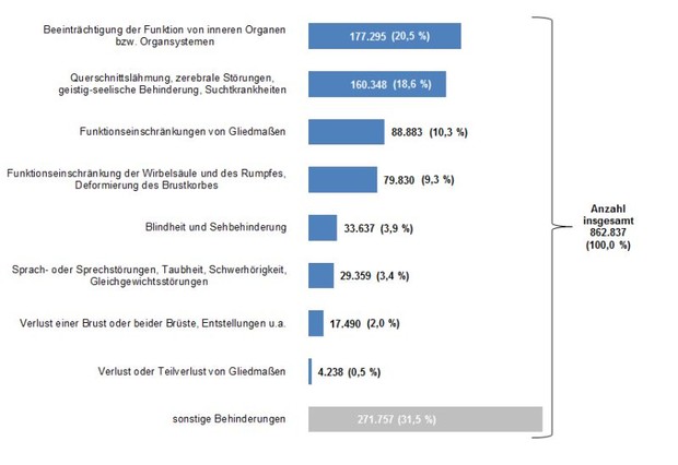 Balkendiagramm über die Anzahl schwerbehinderter Menschen in Westfalen-Lippe nach Art der Behinderung Balkendiagramm über die Anzahl schwerbehinderter Menschen in Westfalen-Lippe nach Art der Behinderung