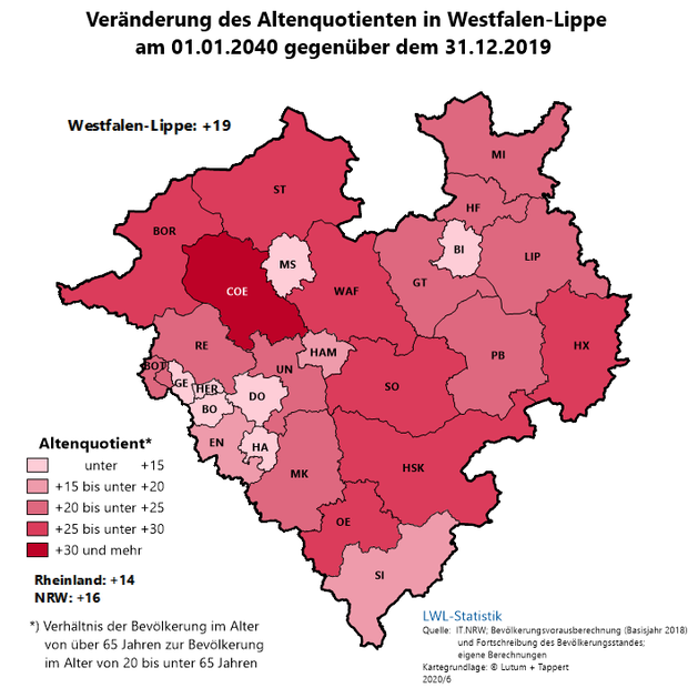 Karte des Altenquotienten der Kreise und kreisfreien Städte in Westfalen-Lippe Karte des Altenquotienten der Kreise und kreisfreien Städte in Westfalen-Lippe