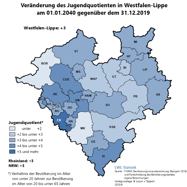 Karte der Jugendquotienten nach Kreisen und kreisfreien Städten in Westfalen-Lippe Karte der Jugendquotienten nach Kreisen und kreisfreien Städten in Westfalen-Lippe