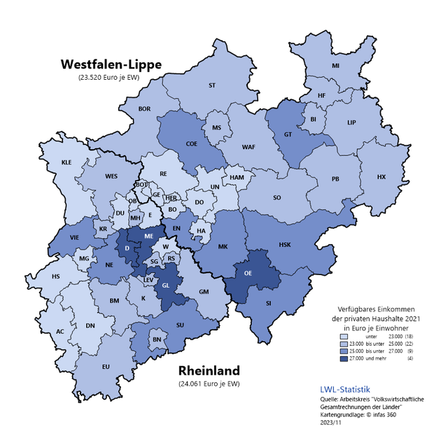 Karte zum Verfügbaren Einkommen der privaten Haushalte in NRW in Euro je Einwohner auf Ebene der Kreise und kreisfreien Städte