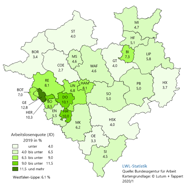 Arbeitslosenquote je Kreis bzw. kreisfreier Stadt in Westfalen-Lippe im Jahresdurchschnitt 2019 Arbeitslosenquote je Kreis bzw. kreisfreier Stadt in Westfalen-Lippe im Jahresdurchschnitt 2019
