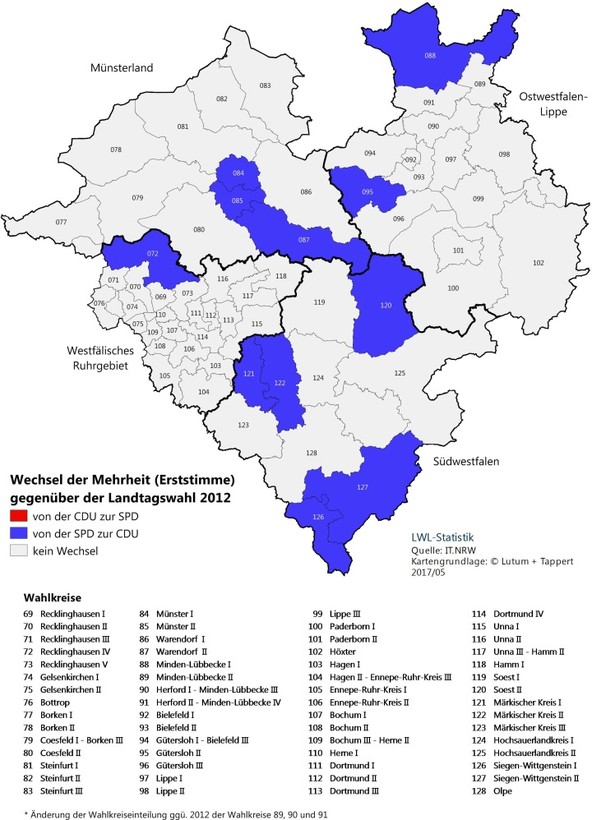 Karte zu den Wechseln der Mehrheiten der Erstimmen gegenüber der Landtagswahl 2012 nach Wahlkreisen