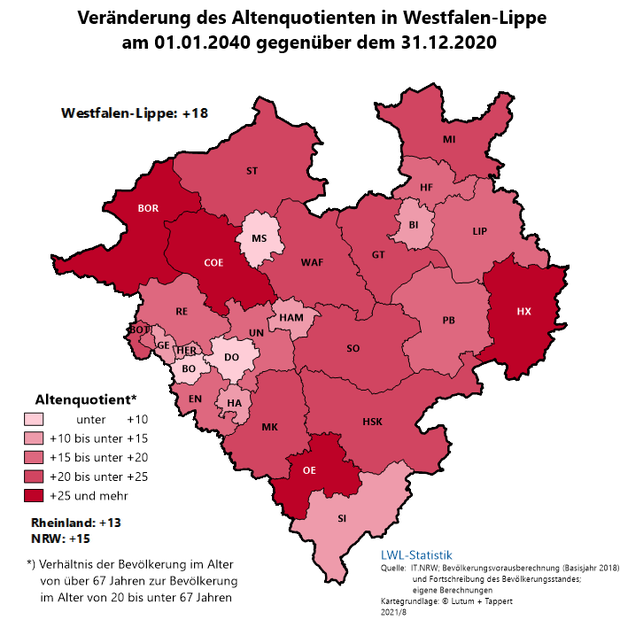Karte des Altenquotienten der Kreise und kreisfreien Städte in Westfalen-Lippe Karte des Altenquotienten der Kreise und kreisfreien Städte in Westfalen-Lippe
