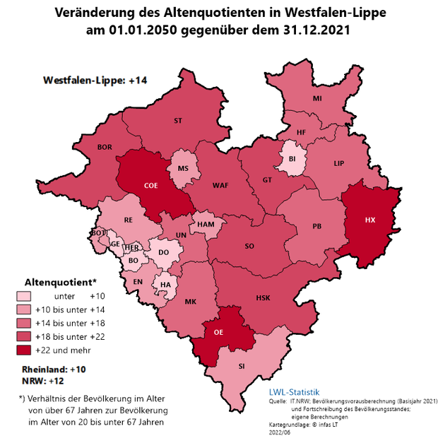 Karte des Altenquotienten der Kreise und kreisfreien Städte in Westfalen-Lippe Karte des Altenquotienten der Kreise und kreisfreien Städte in Westfalen-Lippe