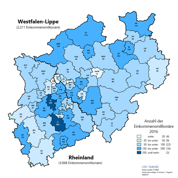 Karte zur Anzahl der Einkommensmillionäre auf Ebene der Kreise und kreisfreien Städte in Nordrhein-Westfalen Karte zur Anzahl der Einkommensmillionäre auf Ebene der Kreise und kreisfreien Städte in Nordrhein-Westfalen