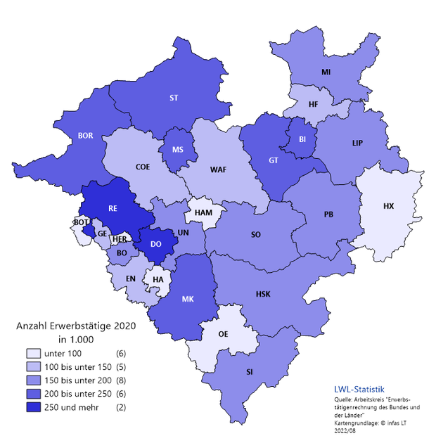 Karte zur Anzahl der Erwerbstätigen in Westfalen-Lippe auf Ebene der Kreise und kreisfreien Städte