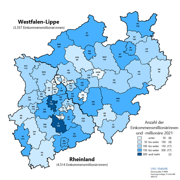 Karte zur Anzahl der Einkommensmillionärinnen und -millionäre auf Ebene der Kreise und kreisfreien Städte in Nordrhein-Westfalen