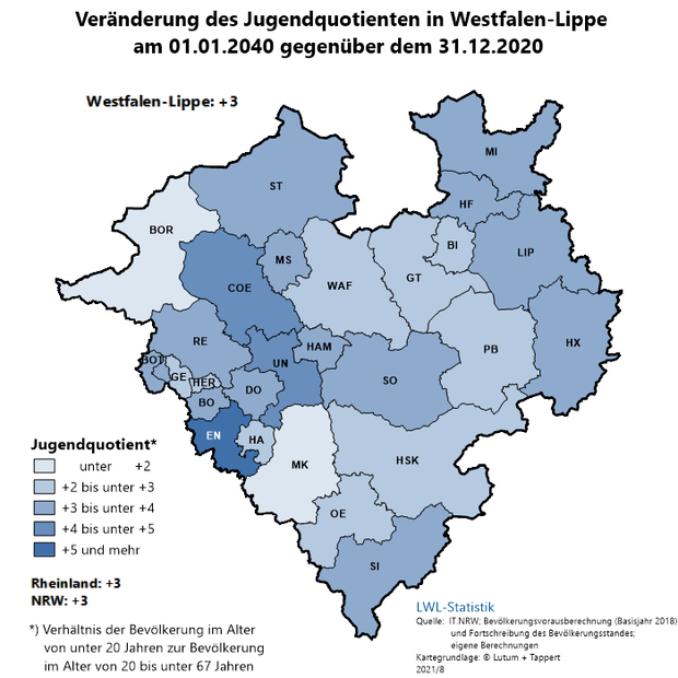 Karte der Jugendquotienten nach Kreisen und kreisfreien Städten in Westfalen-Lippe Karte der Jugendquotienten nach Kreisen und kreisfreien Städten in Westfalen-Lippe