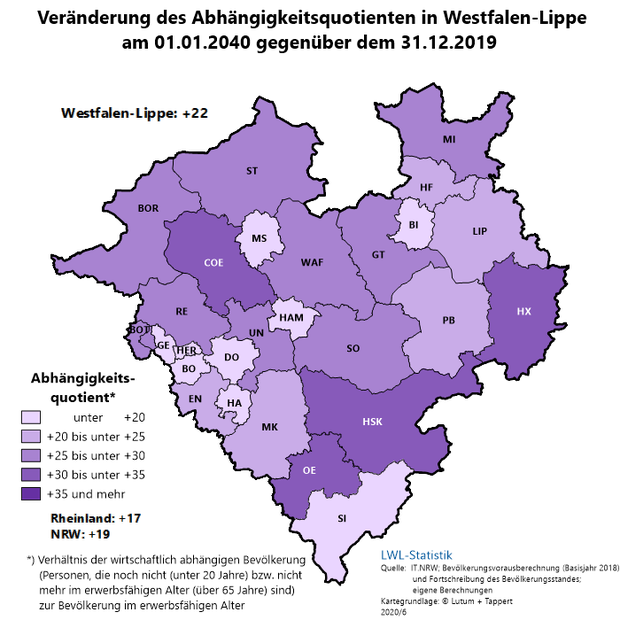 Karte der Abhängigkeitsquotienten in den Kreisen und kreisfreien Städten in Westfalen-Lippe Karte der Abhängigkeitsquotienten in den Kreisen und kreisfreien Städten in Westfalen-Lippe