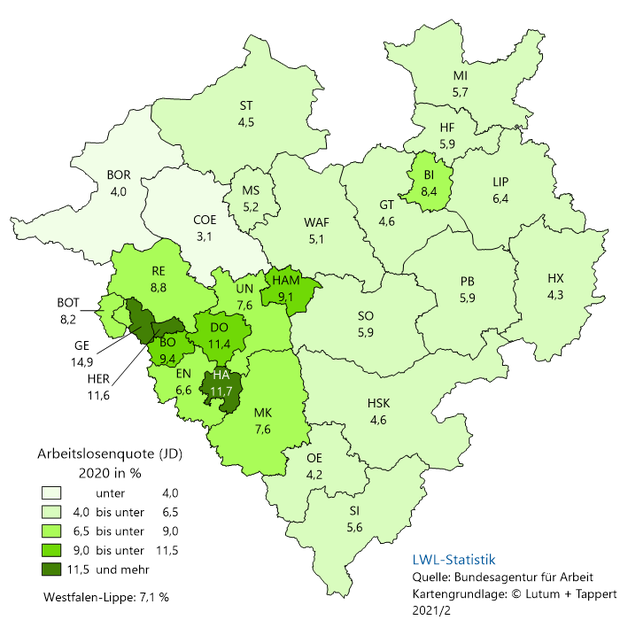 Arbeitslosenquote je Kreis bzw. kreisfreier Stadt in Westfalen-Lippe im Jahresdurchschnitt 2019 Arbeitslosenquote je Kreis bzw. kreisfreier Stadt in Westfalen-Lippe im Jahresdurchschnitt 2019