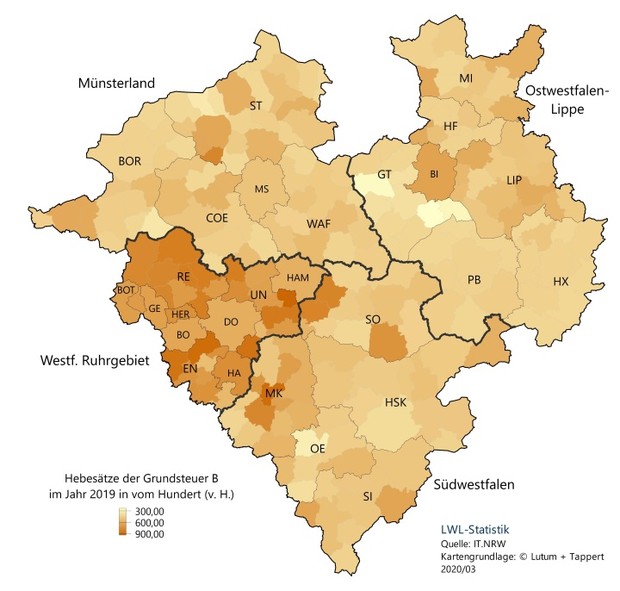 Karte über die Hebesätze der westfälischen Kommunen zur Grundsteuer B