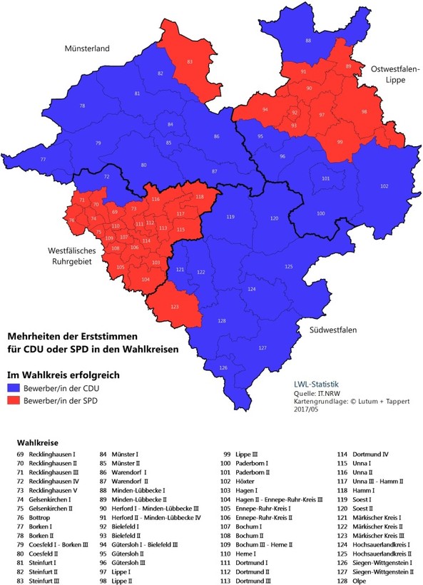 Karte zu den Mehrheiten der Erstimmen für CDU oder SPD nach Wahlkreisen