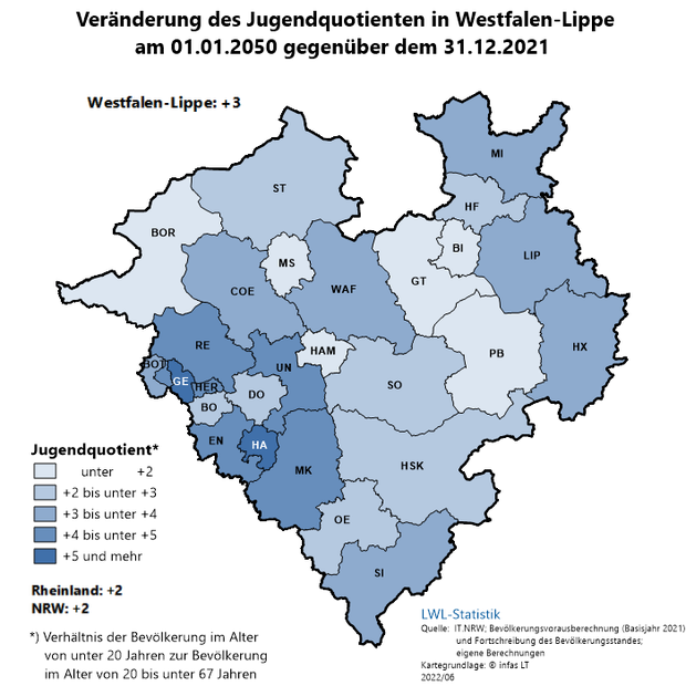 Karte der Jugendquotienten nach Kreisen und kreisfreien Städten in Westfalen-Lippe Karte der Jugendquotienten nach Kreisen und kreisfreien Städten in Westfalen-Lippe