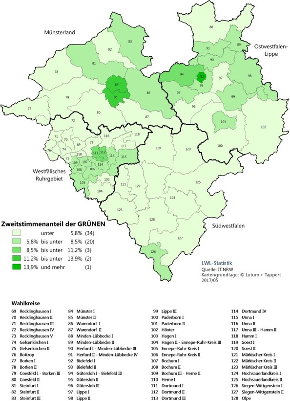 Zweitstimmenanteil der GRÜNEN nach Wahlkreisen