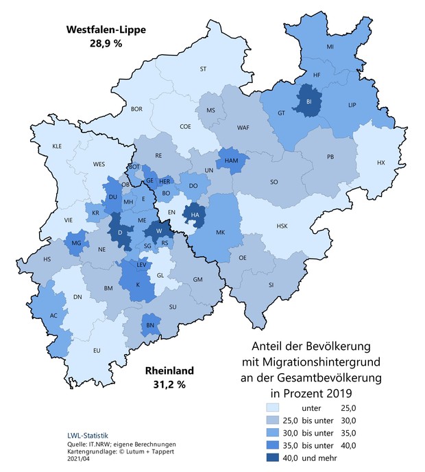 NRW-Karte über den Anteil der Bevölkerung mit Migrationshintergrund an der Gesamtbevölkerung in Prozent je Kreis bzw. kreisfreier Stadt