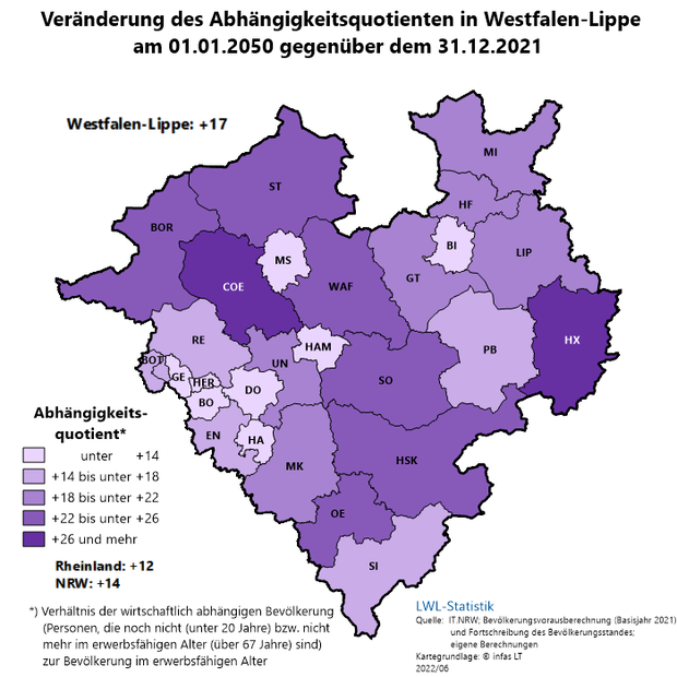 Karte der Abhängigkeitsquotienten in den Kreisen und kreisfreien Städten in Westfalen-Lippe Karte der Abhängigkeitsquotienten in den Kreisen und kreisfreien Städten in Westfalen-Lippe